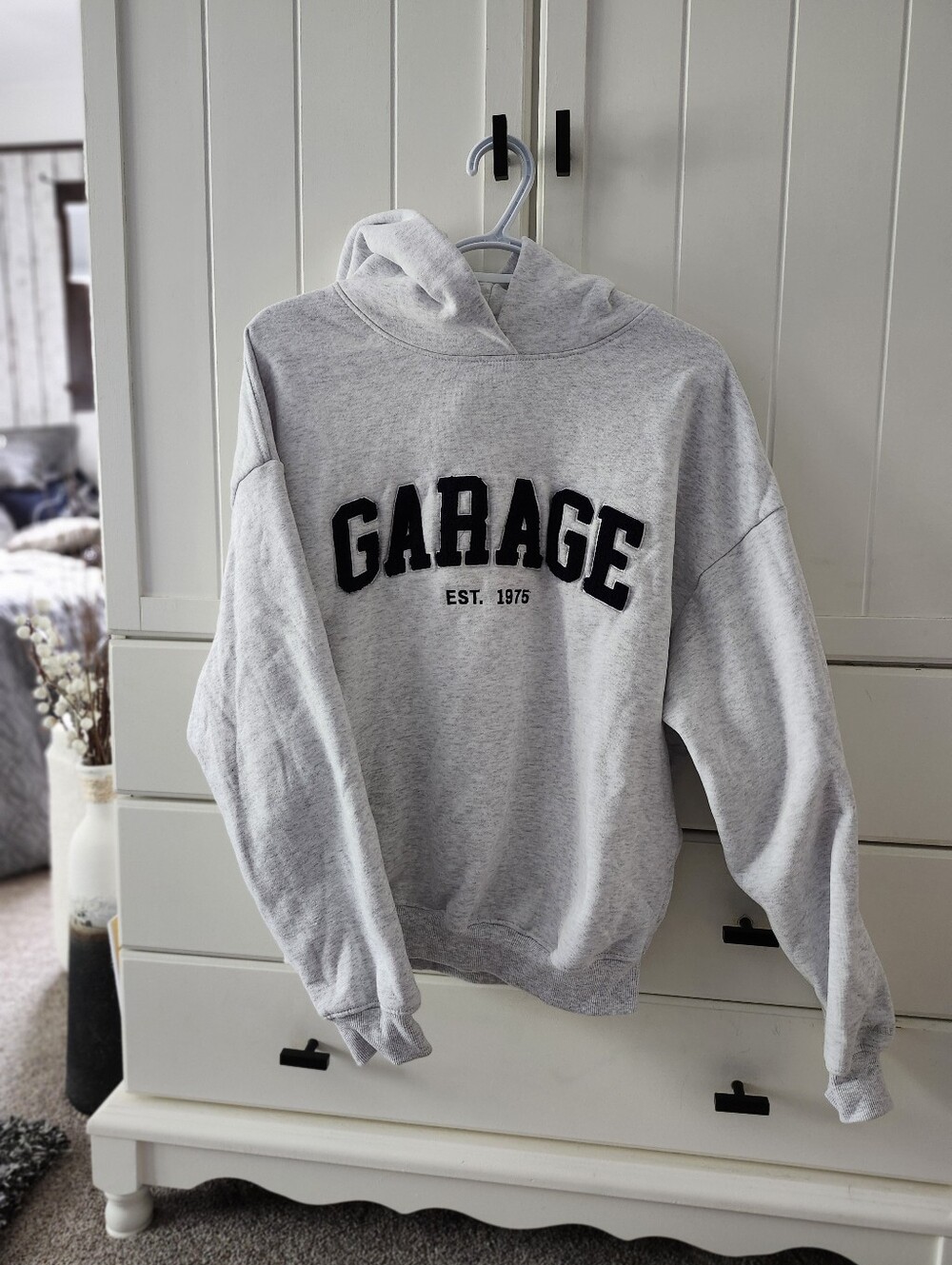 Garage Womens Fleece Gray Crewneck Sweatshirt with Black Lettering Oversize Xxs